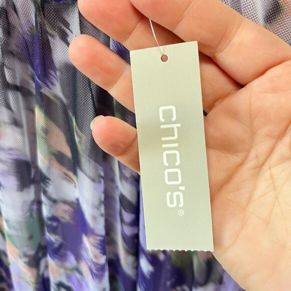 NEW Chico's Ruched Mesh Floral Water Color Paint Print Midi Dress- Sz. 1 - Picture 4 of 9